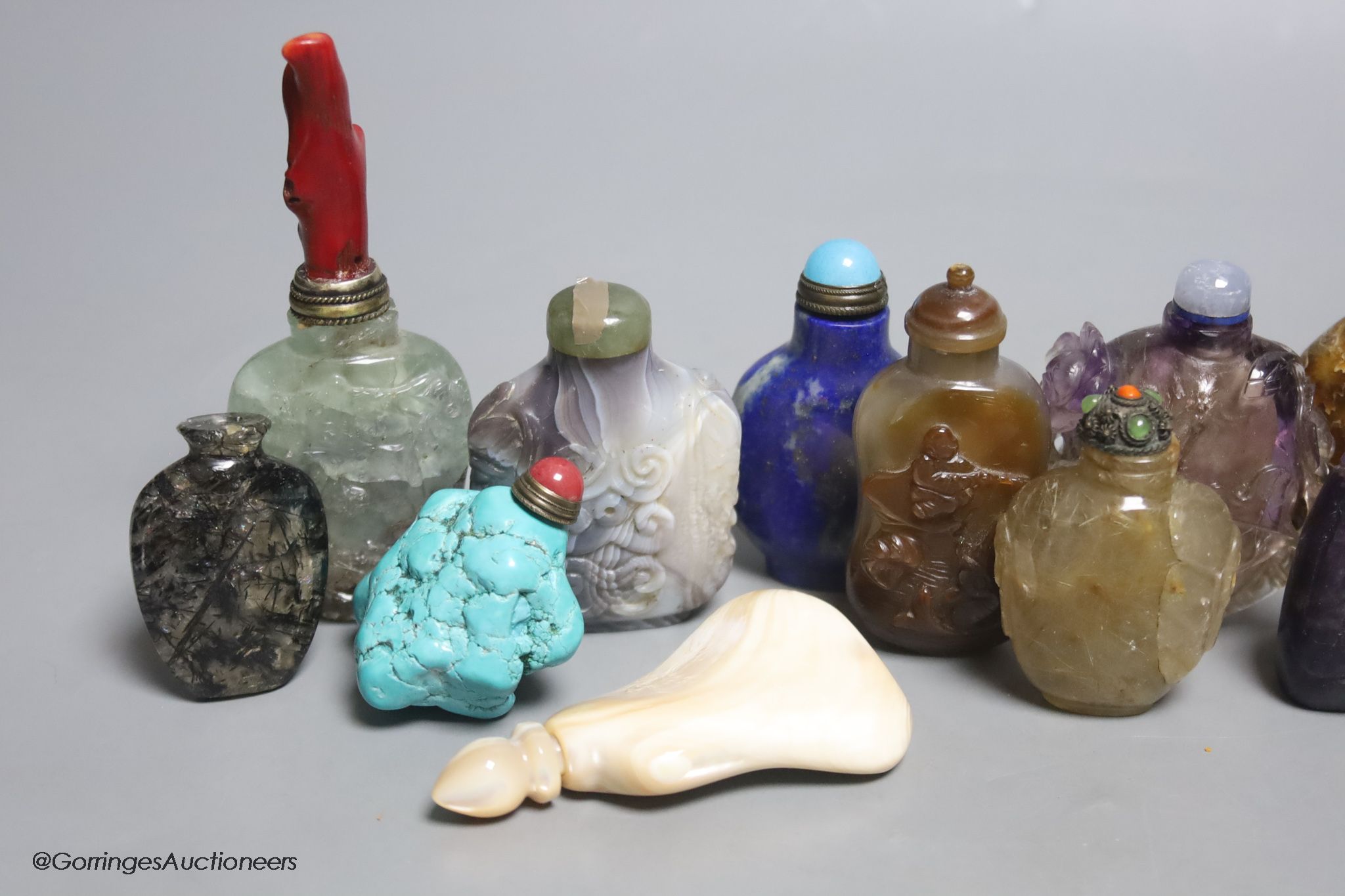 Thirteen Chinese hardstone snuff bottles, lapis turquoise eetc